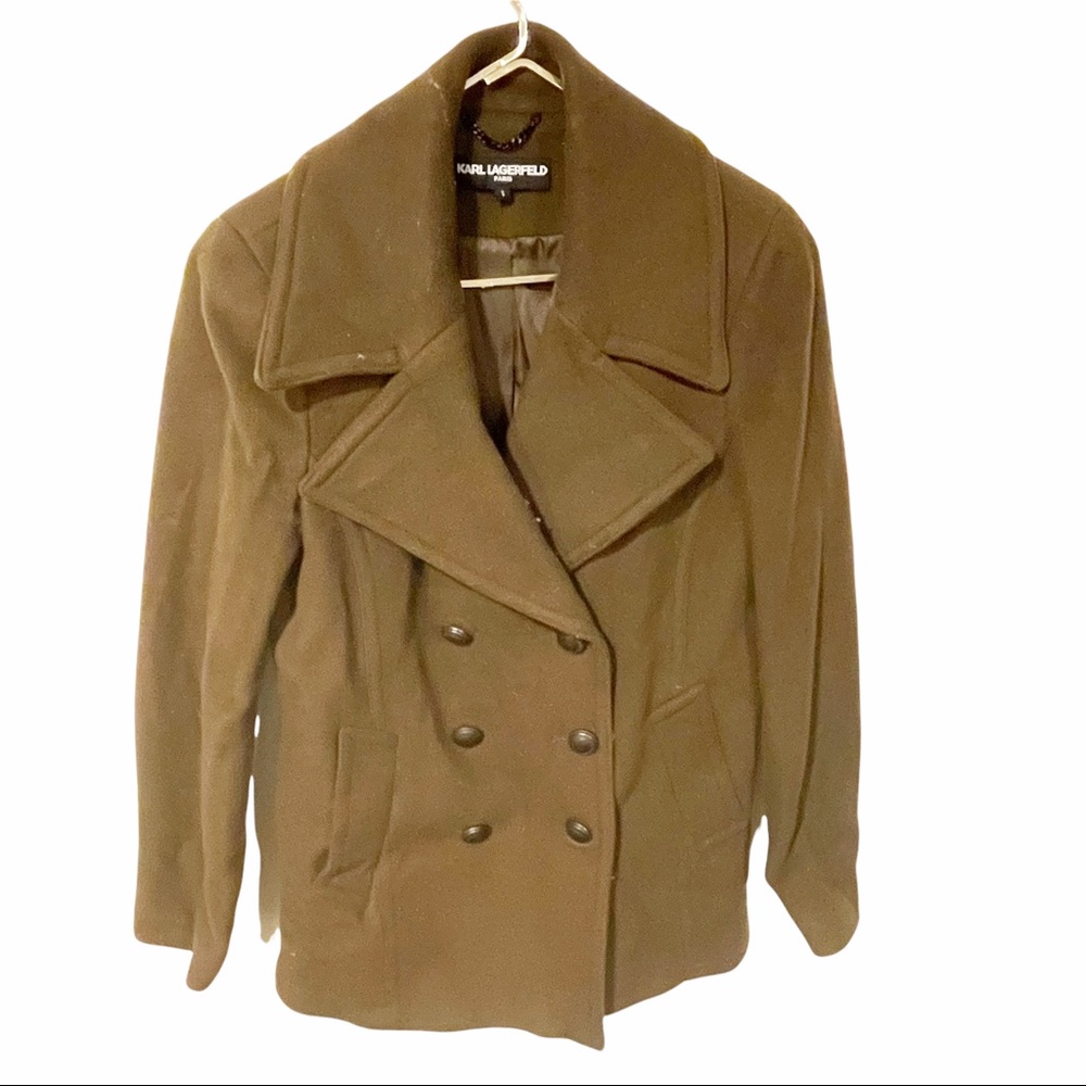 Karl Lagerfeld Small Green Brown Double Breasted Wool‎ Blend Pea Coat